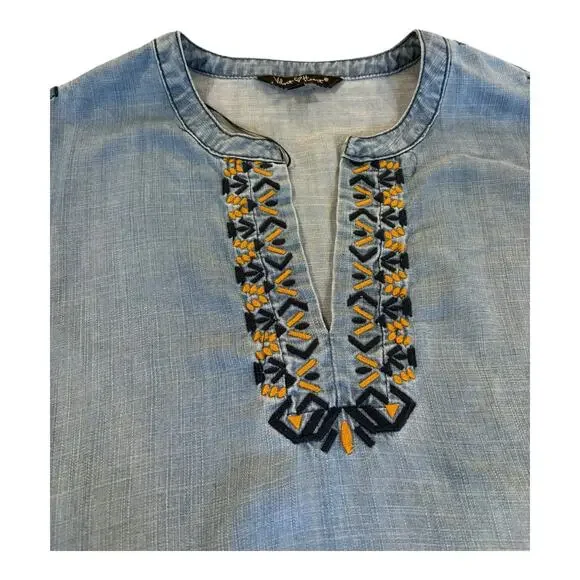 Velvet Heart Embroidered Blouse Aztec Chambray Tie Sleeve Peep ShoulderSize XS - Picture 8 of 10